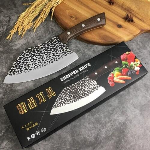 Forged Hammered Kitchen Knife Wooden Handle Chopping Chefs Knife Meat Cleaver Slicing Tool