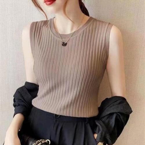 Women Crop Top Candy Colors Knitted Off Shoulder Summer Female O-Neck Sleeveless Elastic Solid Tank Tops for Women X164