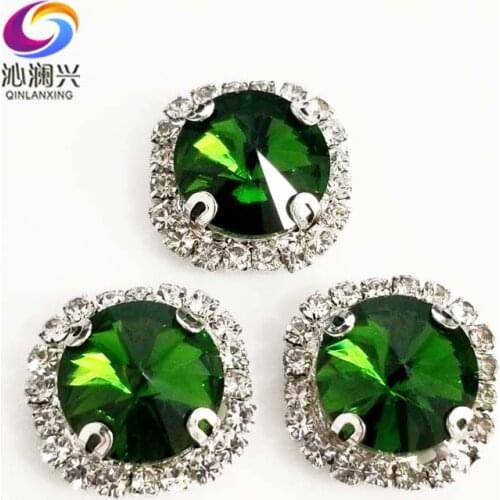 Round shape top glass crystal rhinestones with hole,Grass green Silver bottom sew on stone for Diy Clothing accessories SWWK22