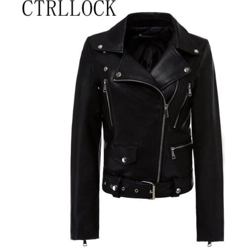 CTRLLOCK Streetwear Punk Women Pu Leather Jacket Zipper Sleeve Asymmtric Belt Motor Biker Jacket Female