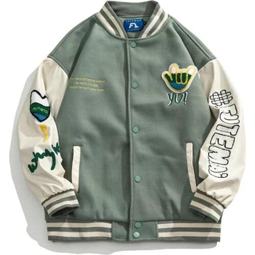 Men Vintage Baseball Jacket Patchwork Gesture Letter Embroidery Patchwork Jackets Harajuku Casual College Coat Oversized Couple