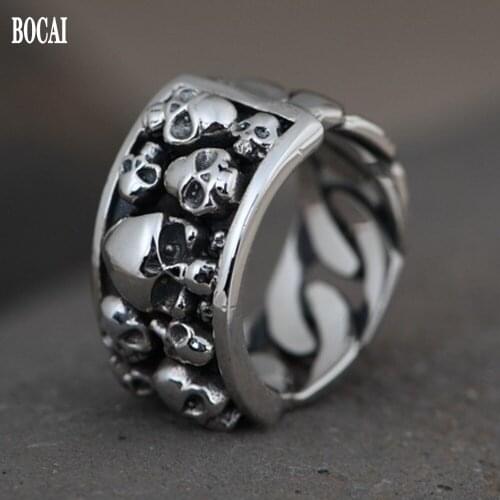BOCAI real S925 silver woman ring fashion silver chain design skull ring for men and women