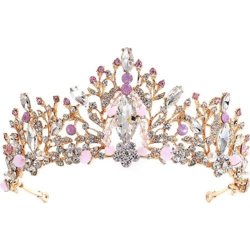 Bride Lady Pink Crystal Tiara Gold Wedding Crown Baroque Rhinestone Headpiece Bride Hair Accessories Jewelry Women Elegant Tiara