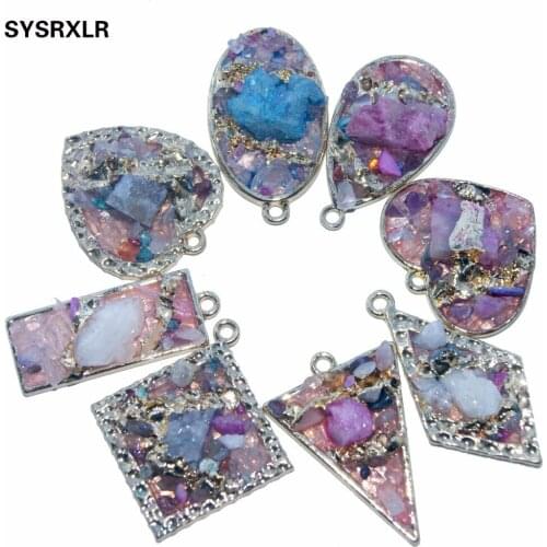 Wholesale 1 Pcs 10 shapes Natural Color Mixing Druse Stone Pendant Golden Plated Geode Women DIY Necklaces For Jewelry Making