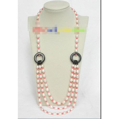 Modish 27" 3row 10mm baroque rice white pearls round pink coral necklace