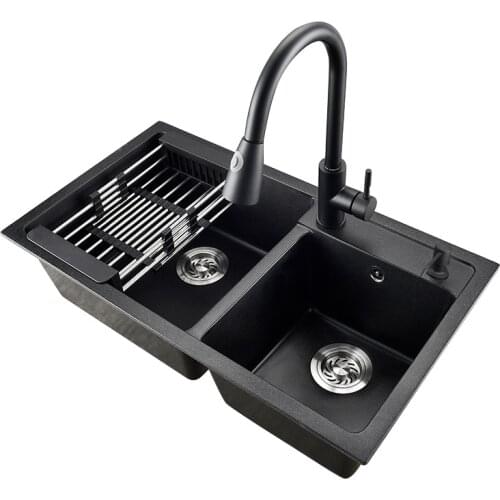 Quartzite sink dish washing platform upper and lower sink kitchen household double sink set black double sink