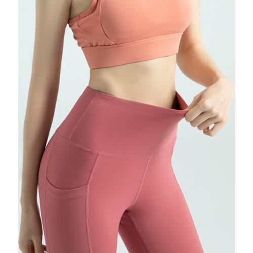 Yoga pants fitness sports running seamless high waist hip pocket stretch peach leggings