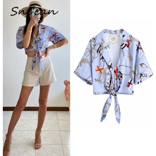 Snican Short Sleeve Turn Down Collar Bow Tie Bandage Sexy Short Shirts Fashion Spring Anchor Print Female Blouse Za Women 2021