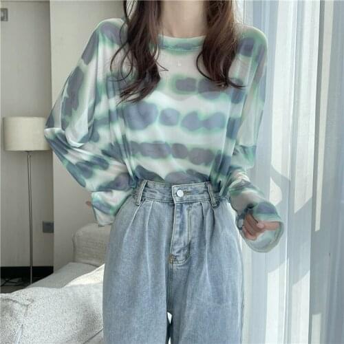 Sunscreen Shirt Thin Tie-dye Round Neck Long-sleeved T-shirt Women Summer New Style Korean Loose Casual Top
