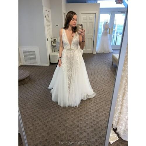 Plunging V Neck Detachable Skirt Bridal Gown Floral Lace Backless Wedding Dress Vestido De Noiva Casamento Robe De Mariee