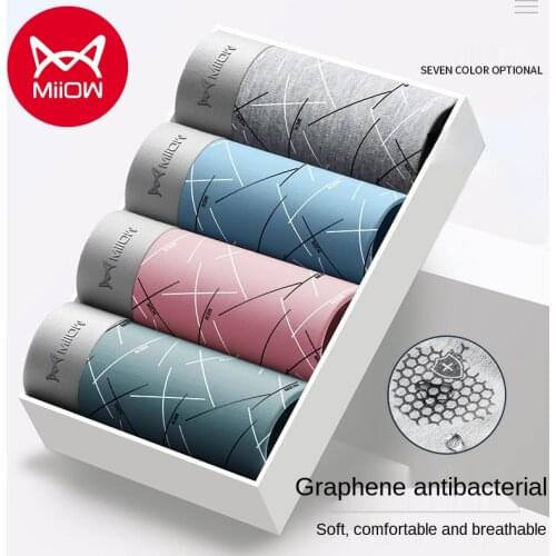 MiiOW Genuine Mens Underwear Pure Cotton Graphene Antibacterial Boxer Shorts Breathable Boys Underwear Mid-waist Large Size
