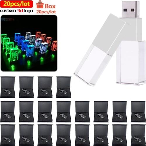 20pcs/lot Crystal LED light usb flash drive 8GB 16GB 64GB 32GB free custom 3d logo pen driver pendridve memory stick pen drives