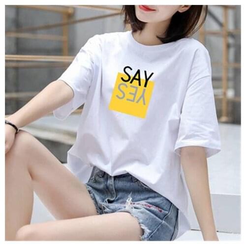 2021 summer womens cotton white short-sleeved t-shirt loose-fitting print dye