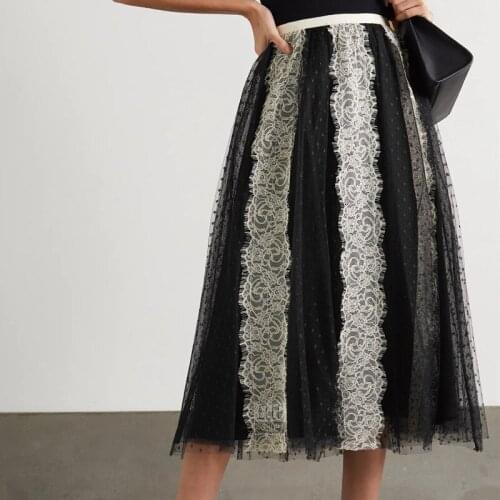 Lace Stitching Mesh Women Midi Skirt 2021 New Spring Summer Elastic Waist A-Line Long Skirts