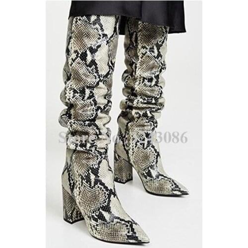 Snakeskin Chunky Heel Pleated Women Knee High Boots Sexy Design Leather Long Boots Lady New Fashion Winter Boots Dropship Shoes