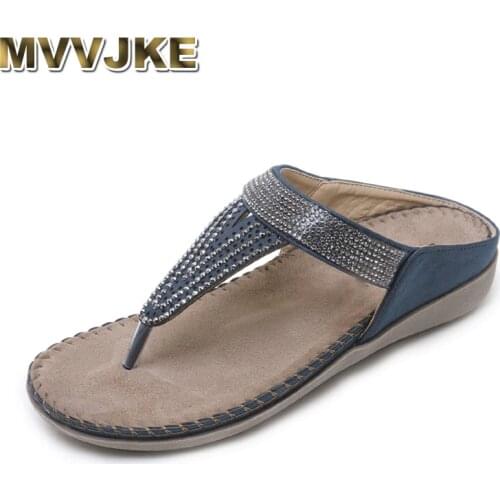 MVVJKEWomen Summer Sandals Flip Flops Rhinestone Crystal Mules Slides Silppers Soft Bottom Comfort Flat Heel Shoes Plus Size