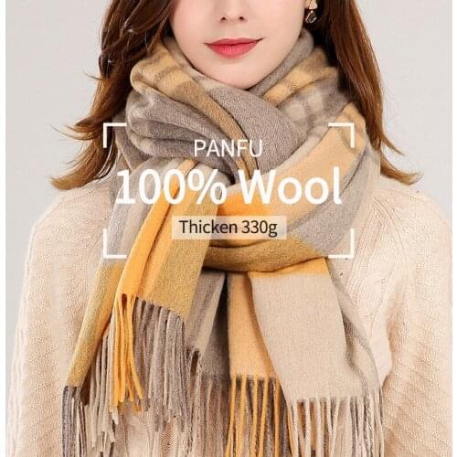 Winter Plaid 100% Wool Scarf Women Thicken Warm Cashmere Shawls and Wraps Lady Echarpe Pashmina Lamb Wool Scarves Foulard Femme