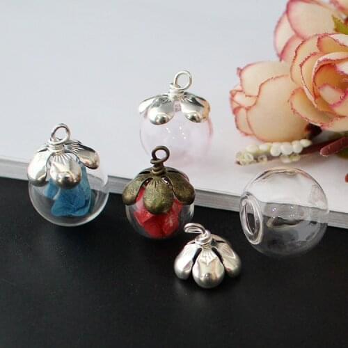 4PCS Glass Ball With Flower Metal Cap Mini Glass Bottles Charms Pendants DIY Necklace Accessories Jewelry Finding