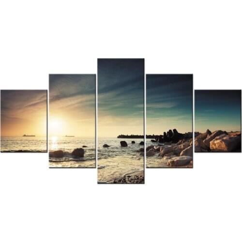 5 Panel Canvas Prints Home Decor Blue Sky Seaside Sunrise Sea Reef Pictures Sunset Seascape Poster Wall Art Framed J009-018