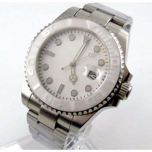 Automatic Mens Watch White Dial 24 Jewels NH35A MIYOTA 8215 Ceramic Bezel Steel Bracelet Screw Crown Sapphire Crystal