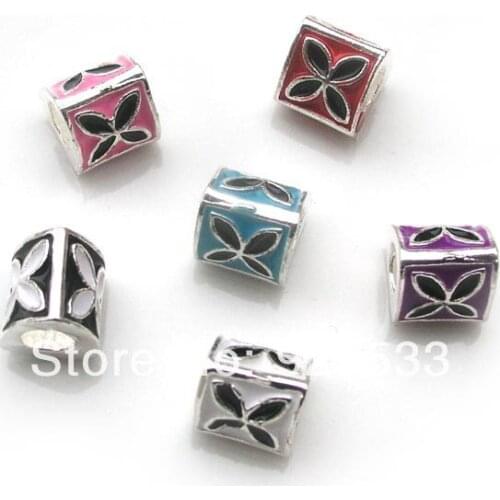 MFree shipping 50pcs 10x10x9mm silver metal mix color oil-drip four leaves big hole beads fit European DIY bracelet jewelry DIY