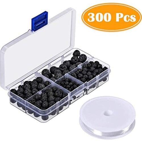 300pcs Black Lava Stone Round Loose Beads with Free Crystal String for Jewelry Making Accessories Beading Supplies