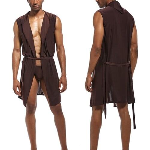 Soft Mens Silk Kimono Bathrobe Hooded Pajamas Male Nightgown Bath Robes Lounge Robe Sleeveless Open Front Sleepwear with Belt