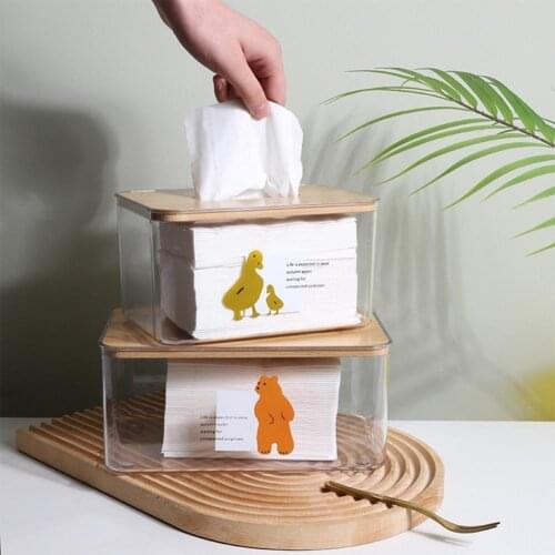 Bear Pattern PET Tissue Box with Wood Lid Minimalist Shape Napkin Box for Home