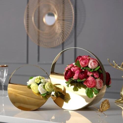 Creative Modern Golden Flower Basket Shape Vase Living Room Dining Room Desktop Metal Floral New House Home Decoration Ornament