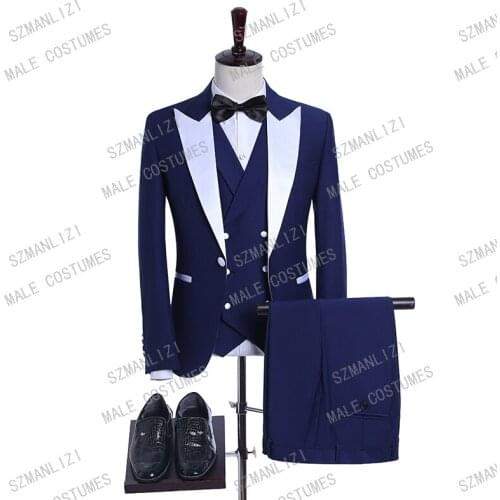 2020 Mens Fashion White Peaked Lapel 3 Pieces Set Blue Wedding Groom Suits High Quality Male Dress Wedding Party Tuxedo Best Man