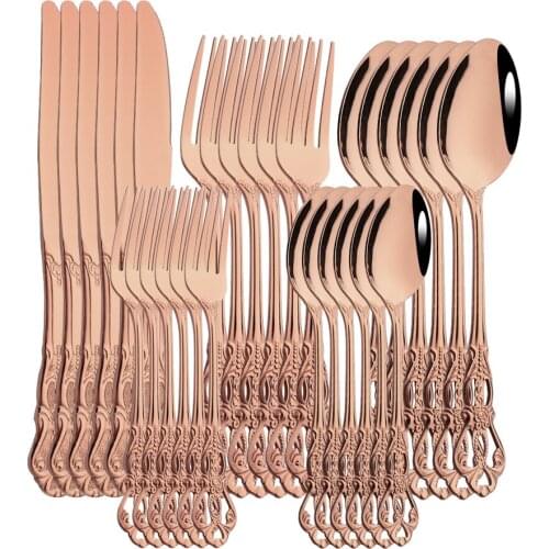 30Pcs Rose Gold Royal Cutlery Set Dinner Knife Fork Spoon Dinnerware Flatware Stainless Steel For Wedding Kitchen Tableware Set