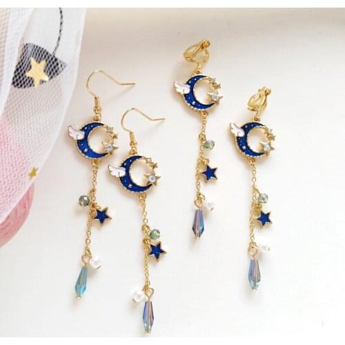 New Korean Creative Earrings Angle Wing Blue Pink Star Moon Dangler Cute Long Chain Tassels Eardrop with Water Drop Crystal
