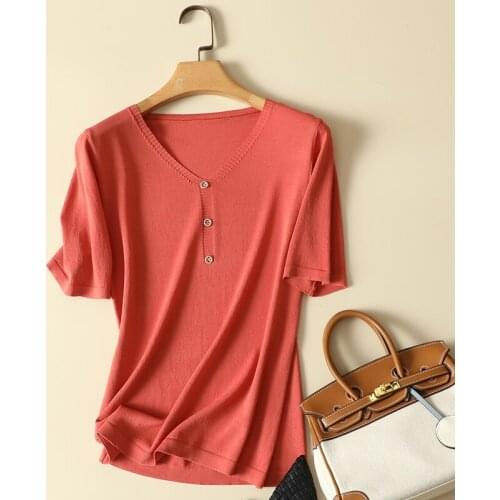 Solid Red Knitted Women T-Shirts Summer New 2021 Button Elasitic Short-Sleeved Slim Lady Elegant Pulls Outwear Tops Tees