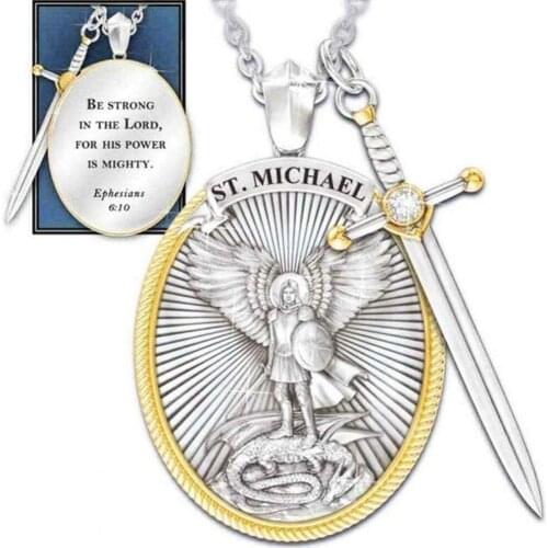 Pendant Necklace Round Shape Peculiar Design Angel Dragon Killer Warrior Necklace for Men