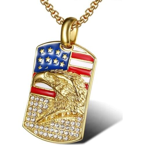 Hip Hop Rock Style American Flag Eagle Military Necklace 316L Stainless Steel Golden Tag Pendants & Necklaces for Men Jewelry
