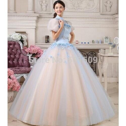 Luxury collar beading blue floral bubble sleeve long medieval dress Renaissance Gown princess /Marie Antoinette ball gown