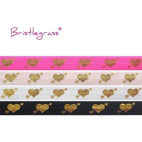 BRISTLEGRASS Wholesale 50 Yard 5/8" 15mm Cupids Arrow Love Heart Foil Print Fold Over Elastic FOE Spandex Band Dress DIY Sewing