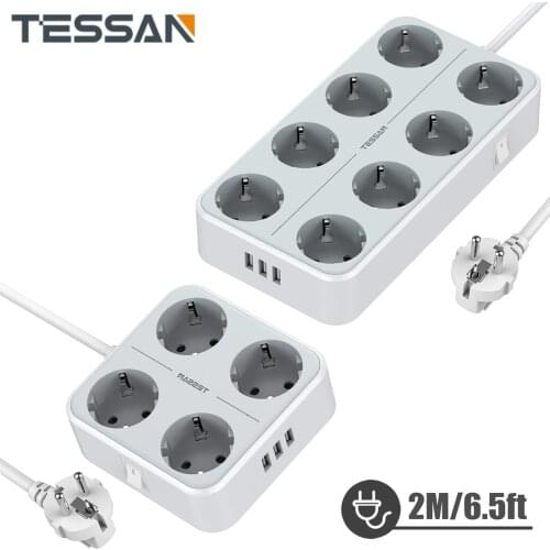 TESSAN EU Multiple Socket Power Strip with 4/8 AC Outlets, 3 USB Charging Ports and 2 Meters Cable, with Overload Protection