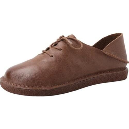 Women Flats Genuine Leather Women Shoes Low Heels Shoes Lace Up Flat shoes Round Toe Breathble Classics Casual soft women shoes