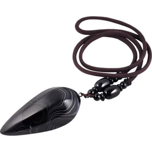 TUMBEELLUWA Stripes Black Onyx Faceted Polished Stone Amulet Pendant Necklace, Healing Chakra Point Gem Nylon Cord for Women