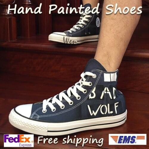 Wen Hand Painted Shoes Design Custom Doctor Who BAD WOLF High Top Blue Canvas Sneakers for Christmas Gifts