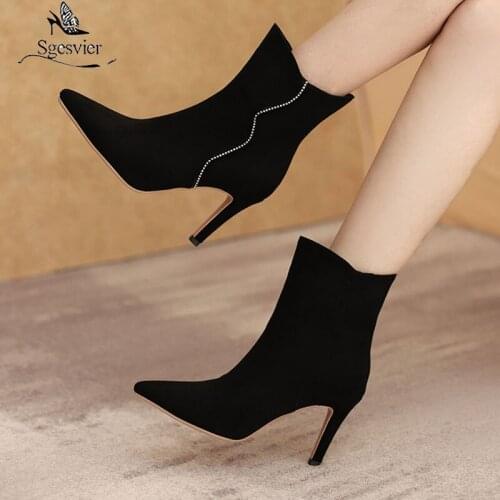 Sgesvier Black Blue Women Ankle Boots Faux Suede Pointed Toe Thin High Heel Ladies Short Boots Dress Autumn Winter Womens Boots