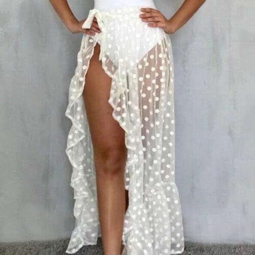 Women Casual Beach Skirts High Waist Mesh Sheer Perspective Bottoms Clothes Bathing Wraps Polka Dot Ruffle Split Skirt Summer
