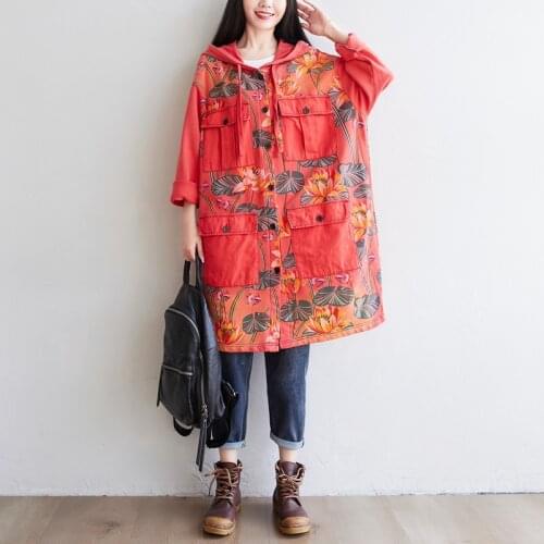 Cowboy Hooded Loose Trench New Harajuku Women Vintage Patchwork Print Outerwear Plus Size Pockets Single-breasted Windbreakers