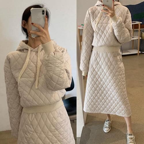 Winter Fashion Rhombus Hooded Cotton Suits High Waist A-Line Skirt Thick Warm Two-Piece Sets