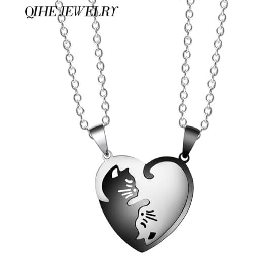 2Pcs/Set Hand Cut Cat Necklace Animal Cats Pendant Couples Friends Relationship Heart Round Shape Puzzle Necklace Jewelry