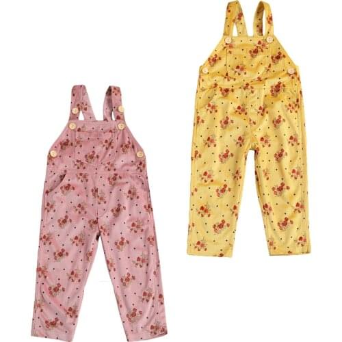 2020 New 1-6Y Toddler Kid Baby Girl Spring Floral Print Overall 3 Pockets Buttons Children Suspender Bib Long Pants Yellow/Pink