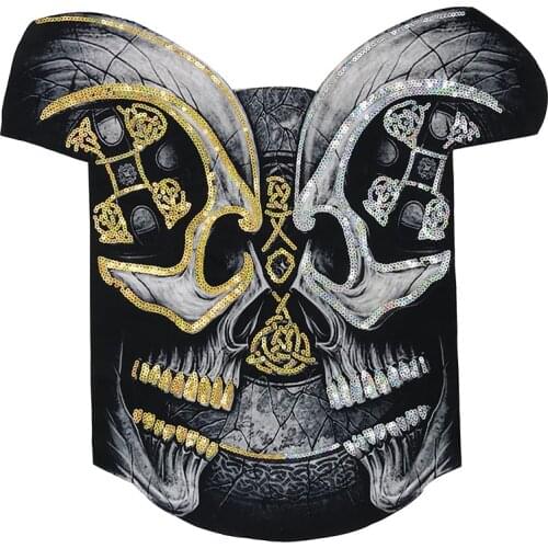Oversized Fashion Sequined Double Skull Patches for Clothing Sew on Embroidered Appliques DIY Apparel Accessories Patch