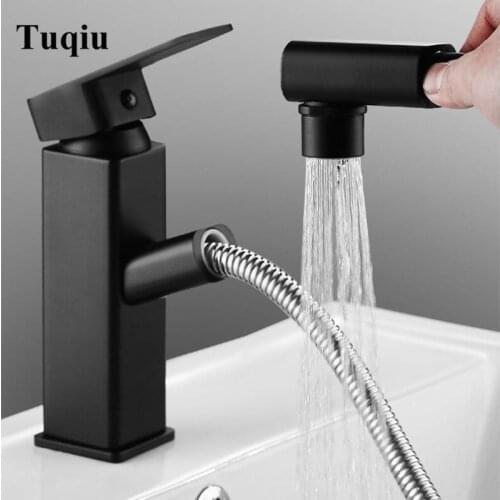 Black Pull Out Bathroom Basin Faucet Single Handle Single Hole Mixer Tap Deck Mounted Hot And Cold Tap Sink Brass Faucet