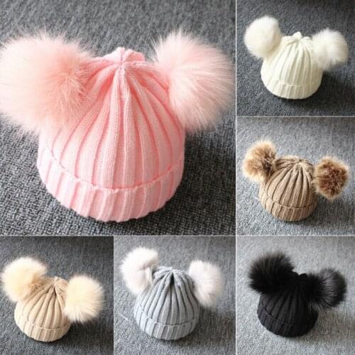 1-3T Newborn Baby Casual Beanies Hat Children Kids Girls Boys Winter Warm Knit Furry Balls Pompom Solid Cute Lovely Beanie Cap